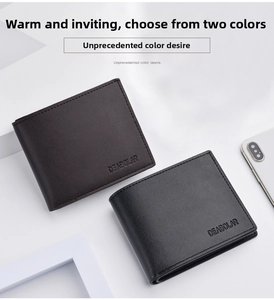 Close-up of black and dark brown men's trifold wallets with lychee pattern leather