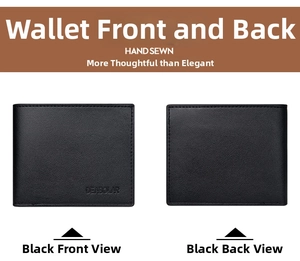 Detailed view of black leather wallet with litchi texture and neat hand-sewn edges