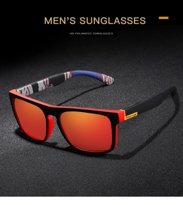 Detail of red and black polarized sports sunglasses with orange lenses and temple art