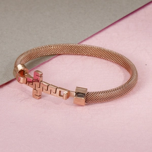 Minimalist rose gold stainless steel mesh woven bracelet with geometric cross clasp buckle