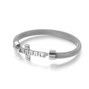 Minimalist silver stainless steel mesh bracelet featuring a 3D cross clasp on white background