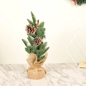 Mini PE Christmas tree with burlap base, pine cones and cotton desktop decor