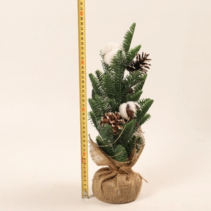 Mini Christmas tree detail with pine cones and burlap base showing 36cm height