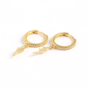 Gold lightning bolt drop earrings in S925 sterling silver with sparkling zircon stones