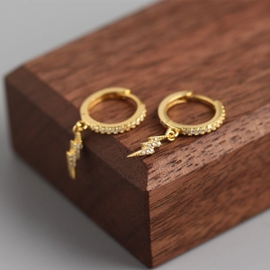Elegant gold lightning bolt drop earrings crafted in S925 silver with sparkling zircon stones