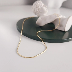 Close-up of minimalist gold snake bone chain necklace displayed on an aesthetic green tray