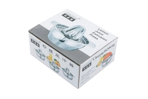 Presse-citron manuel en acier inoxydable avec sa boîte d'emballage et détails du produit