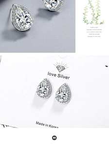 Macro detail of silver pear cut teardrop earrings with halo pave cubic zirconia stones
