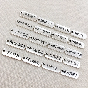 Rectangular antique silver charms with inspirational words for DIY jewelry making