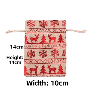 Detailed view of Christmas drawstring gift bags with red glitter reindeer patterns 14x10cm