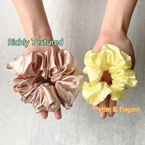 Champagne and light yellow satin scrunchie set with silky texture and thick elastic design