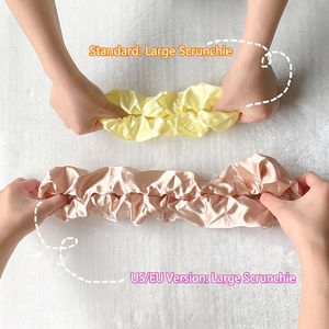 Elastic satin scrunchie set showing Regular and oversized Western versions being stretched