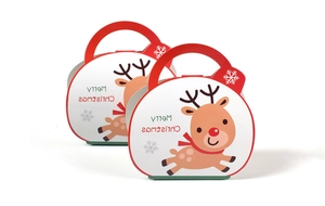 Detail of Christmas gift box with reindeer print and Merry Christmas greeting