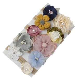 Set of 10 colorful fabric flower baby headbands with pearls and nylon elastic bands
