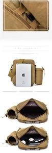 Detail of khaki canvas bag showing main zipper compartment and storage for mini iPad