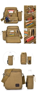 Detail view of multi-compartment canvas messenger bag with a detachable water bottle holder