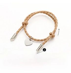 Detail of adjustable PU leather cord bracelet with silver heart pendant, 13-26cm length