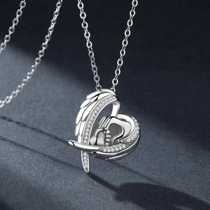 Silver heart and angel wing pendant necklace with cubic zirconia for Mother's Day