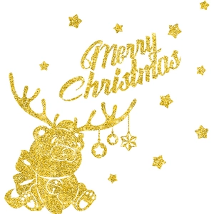 Glittery gold Christmas reindeer bear window sticker with Merry Christmas text decoration
