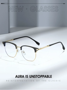 Detail of classic semi-rimless frames featuring black browline and golden metal accents