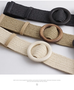Detail view of straw woven belts in black, khaki, and beige with round buckles