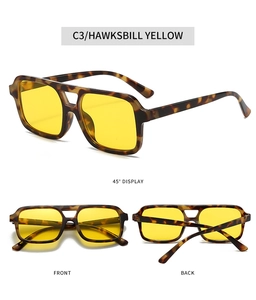 Detailed views of square tortoiseshell sunglasses with yellow lenses in multiple angles