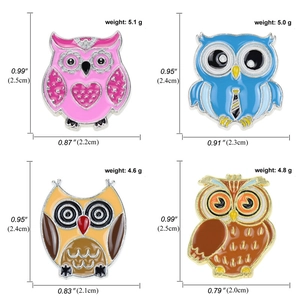 Détails des broches chouette en émail avec dimensions et poids précis par style