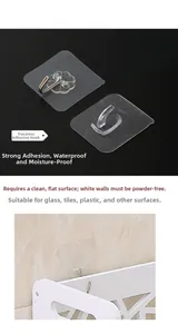 Strong self-adhesive wall hook showing both product detail and practical mounting on tiles