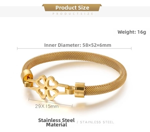 Detail view of gold braided stainless steel bracelet with clover clasp and dimensions