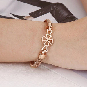 Rose gold mesh chain bracelet with geometric hollow cross medal and buckle clasp