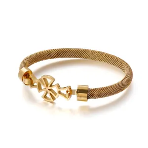 Stainless Steel Milanese Mesh Bracelet With Hollow Geometric Cross Pattern Ornament Industrial Style Bangle For Women Men