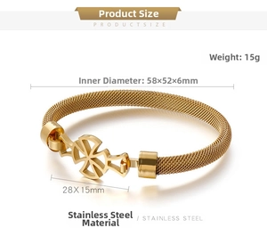 Detail of gold stainless steel mesh chain bracelet with hollow cross wheel showing dimensions