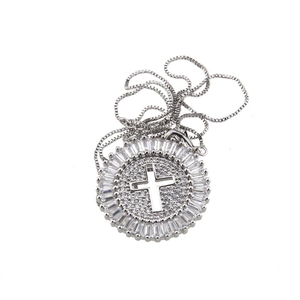 Silver hollow cross pendant necklace with rectangular zircon halo on box chain