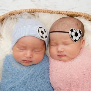 Knitted newborn baby beanies and headbands with soccer theme patches for infant photography