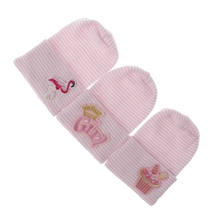 Detailed embroidery of flamingo and cupcake motifs on striped cotton baby knit hats