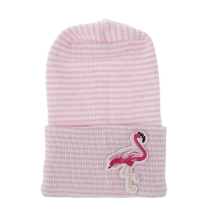 Detail of pink and white striped baby knit hat featuring a cute flamingo embroidery patch