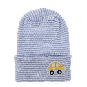 Close-up of blue and white striped knit baby beanie with yellow car embroidery patch