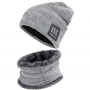 Winter set with dark grey knit beanie and fleece neck warmer featuring an NC patch