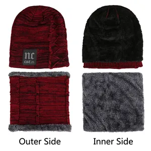 Knit beanie and neck warmer set with NC leather patch and thick fleece lining