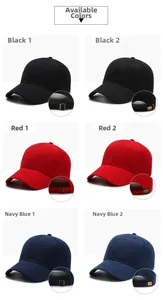 Detail view of adjustable metal and plastic buckles on black, red, and navy baseball caps