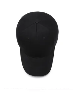 Top view of a black baseball cap showing the six-panel crown and curved brim detail