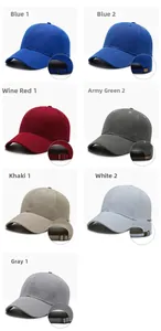 Detail view of cotton baseball caps in 7 colors featuring adjustable metal back buckles