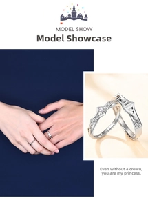 Detail of silver couple rings showing crown hollow design and zircon inlay for lovers