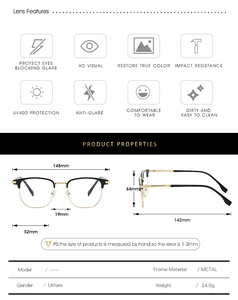 Detailed chart showing 148mm frame width and UV400 protection for half-rim reading glasses