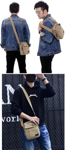 Three-way view of a khaki canvas crossbody bag for men with multi-pocket design