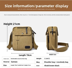 Size chart showing dimensions 19x9x21cm for the men's canvas crossbody bag details