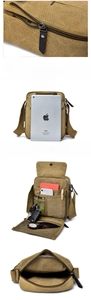 Detailed view of canvas crossbody bag interior compartments and spacious storage capacity