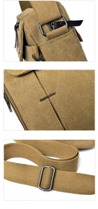 Detail of adjustable metal buckle and reinforced stitching on the canvas shoulder bag strap