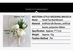 Detailed size specifications of white tea bud boutonniere with green leaves and ribbon