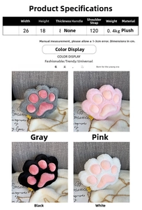 Detailed size chart and multi-color options for cartoon 3D cat paw plush shoulder bag